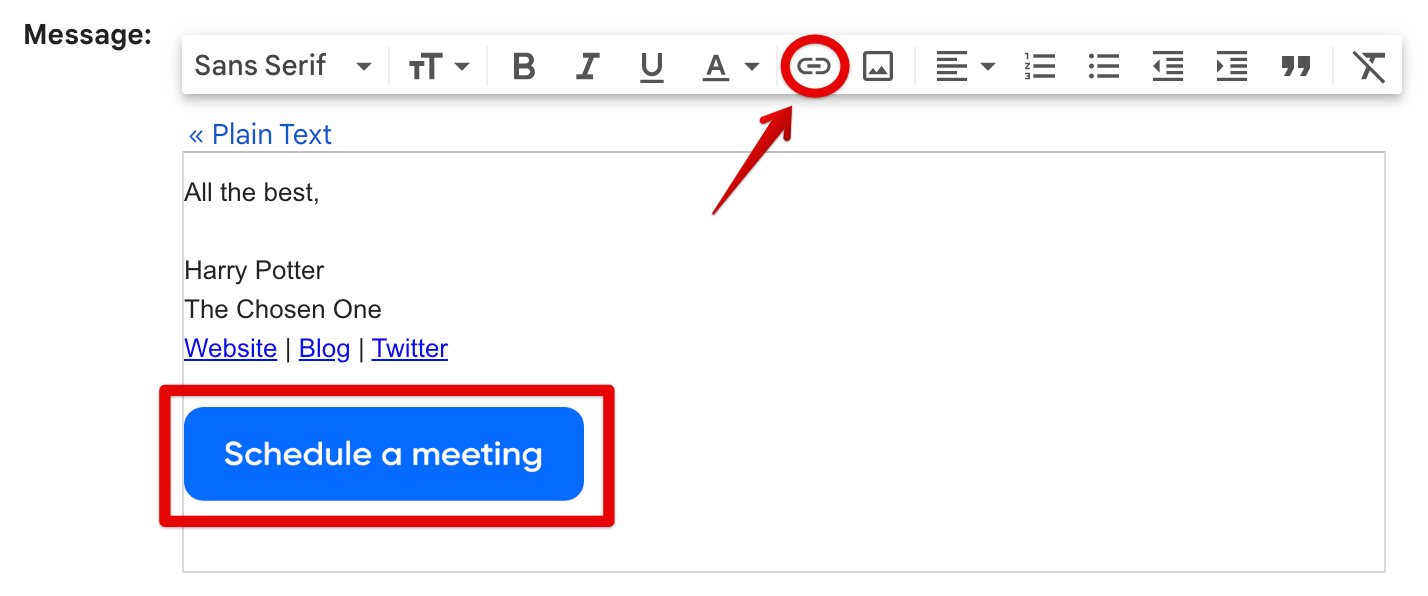 Adding a Calendly link to your outreach email signature. Source: Calendly.