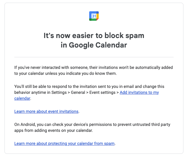 How to add invitations only from known users in Google Calendar