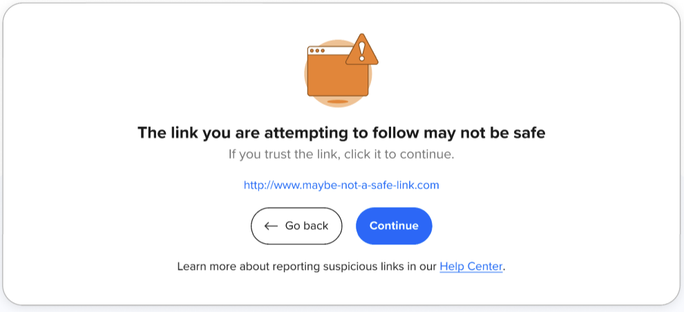 Captura de página de aviso de link possivelmente inseguro